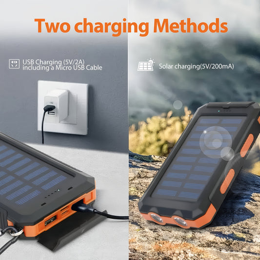 Power by sun and by USB cord to wall. Charge Block then block will charge your device when needed.