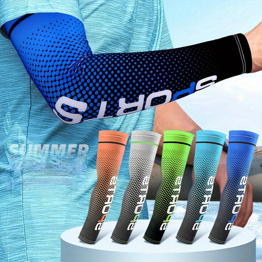 Colorful sports arm sleeve and socks with brand logo on a light blue background