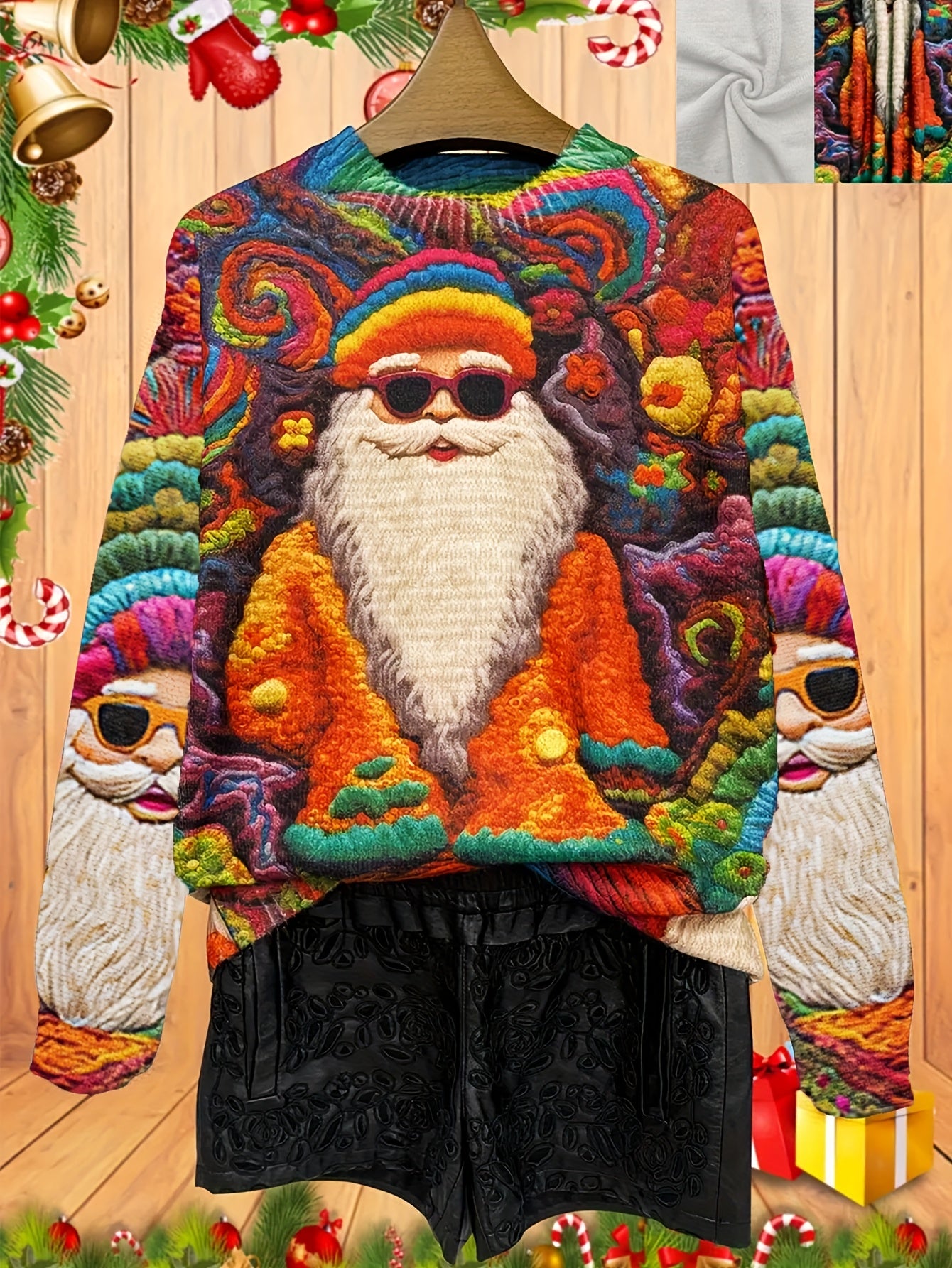 Women's Festive Christmas Sweater - 3D Thin Round Neck Top with All-Over Santa